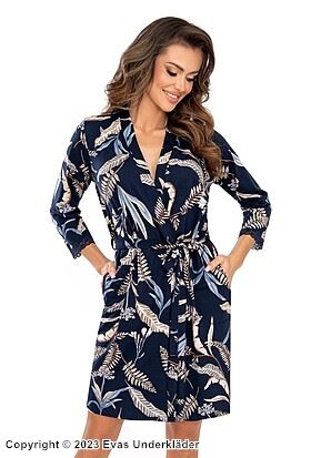 Lounge robe, high quality viscose, pockets, 3/4 length sleeves, leaves